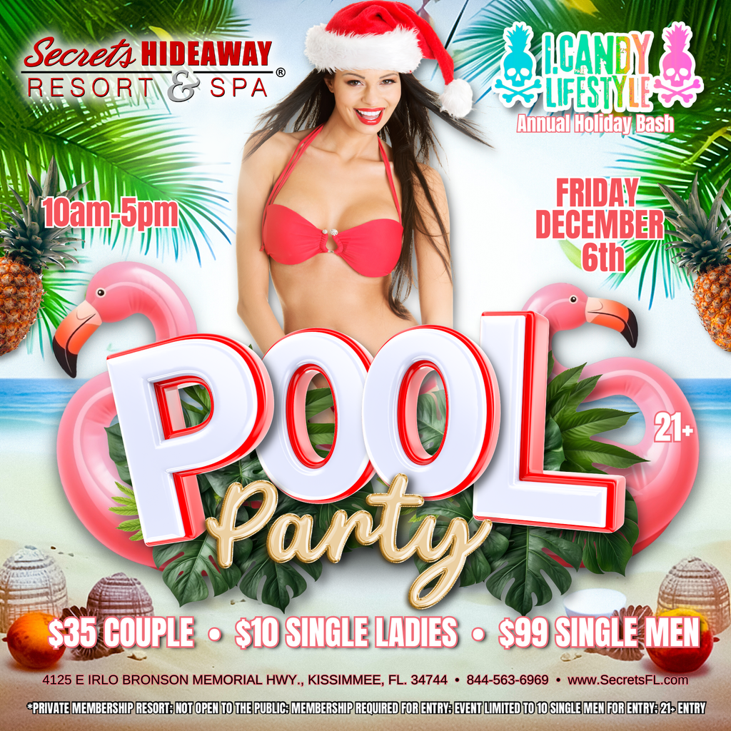 Dive into the ultimate pool party experience at the i.Candy Holiday Bash on December 6th at Secrets Hideaway in Kissimmee, FL! Starting at 10:00am and lasting until 5:00pm, this pool party features the most incredible DJs from Central Florida. Secure your spot by reserving a cabana at vip@secretsfl.com before they get snapped up—it's the perfect way to indulge in a day of sun-soaked festivities and unforgettable beats!
